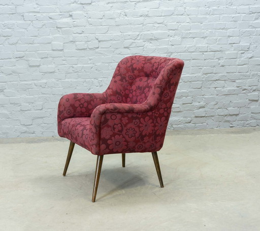 Vintage design clubfauteuil in kersenrood stof, jaren 1950. Ref.: CH219