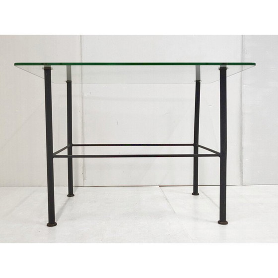 Image 1 of Vintage glazen en zwart gelakt metalen bijzettafeltje, 1950