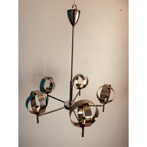 Vintage chromen kroonluchter met 5 bollen