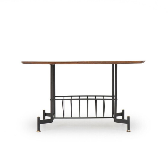 Image 1 of Vintage salontafel van teak gefineerd multiplex en metaal met tijdschriftenrek, Italië 1950