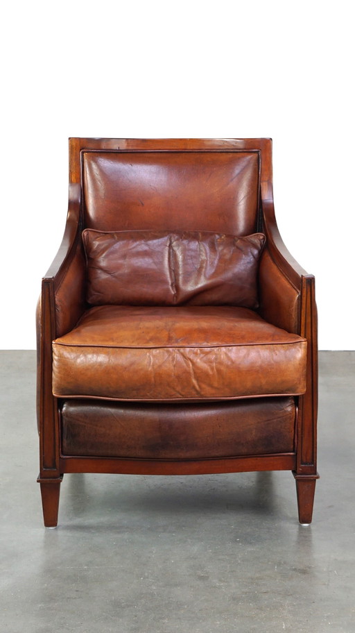 Artdeco design armchair/ fauteuil in cognac kleurig schapenleer