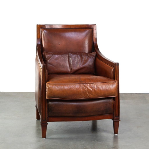 Artdeco design armchair/ fauteuil in cognac kleurig schapenleer