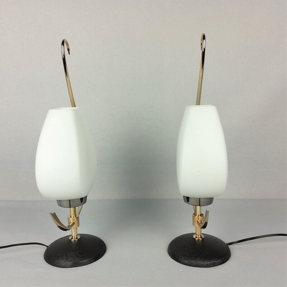 Image 1 of Paar vintage opaline en messing lampen, 1960