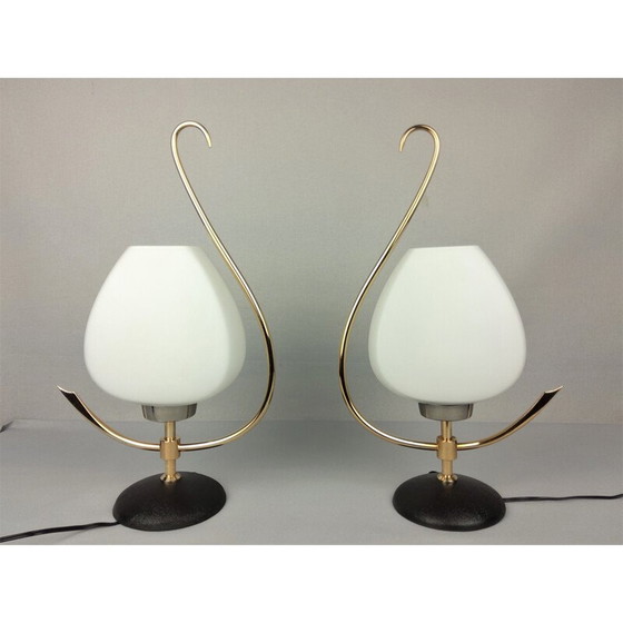 Image 1 of Paar vintage opaline en messing lampen, 1960