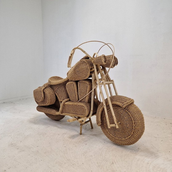 Image 1 of Vintage Harley Davidson motorfiets sculptuur van gevlochten rotan en wilgentenen, VS 1980