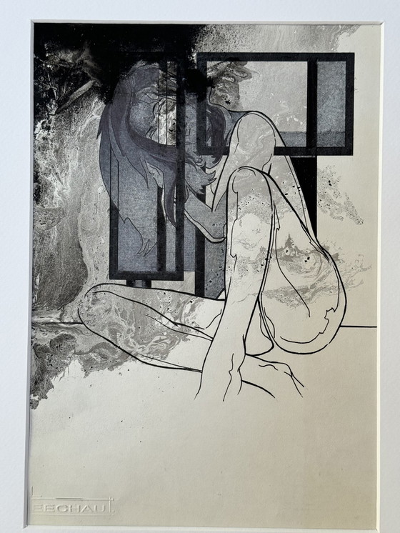 Image 1 of Eugène Eechaut (1928-2019) - Inktcompositie met een naakte vrouw (1982)