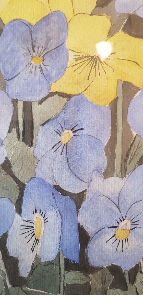 Image 1 of Mooie Aquarel Kunstwerk, bloemen in blauw en geel