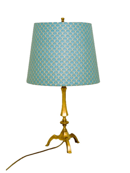 Vintage bureaulamp messing, tafellamp, blauwe en gouden lampenkap