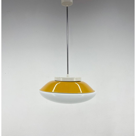 Image 1 of Mid-eeuwse Ufo melkglas en metalen hanglamp, Tsjecho-Slowakije 1970