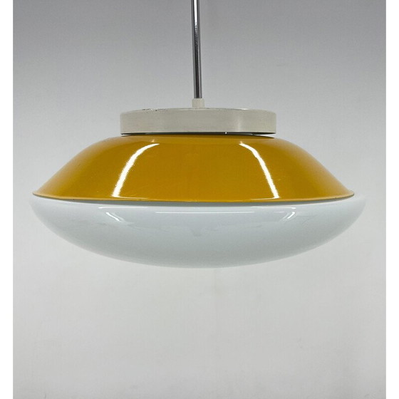 Image 1 of Mid-eeuwse Ufo melkglas en metalen hanglamp, Tsjecho-Slowakije 1970