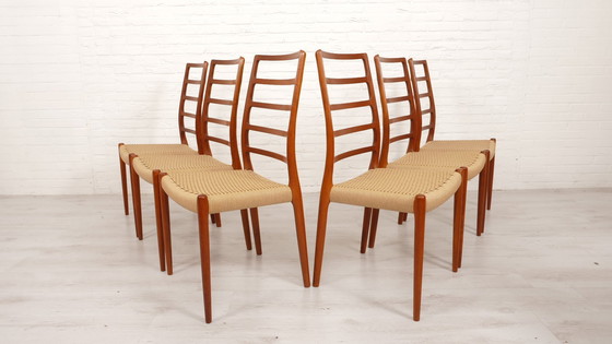 Image 1 of Set Van 6 Vintage Eetkamerstoelen | Niels Otto Møller | Model 82 | Papercord | Teak | Gerestaureerd