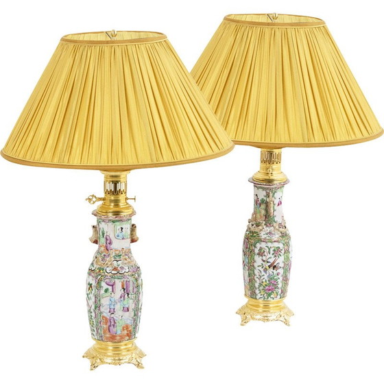 Image 1 of Paar vintage Canton porseleinen en verguld bronzen lampen, 1880