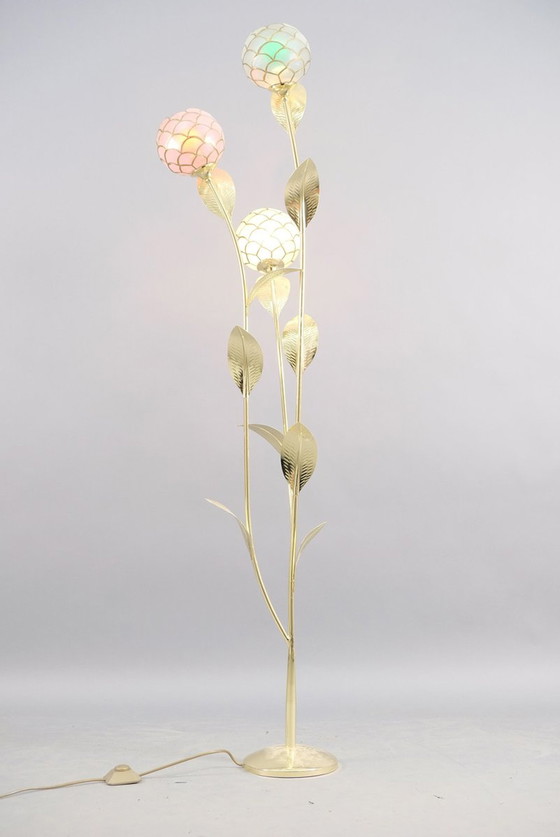 Image 1 of Vintage Hollywood Regency gebloemde Messing vloerlamp