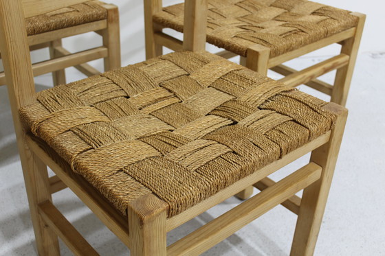 Image 1 of 4x Vintage houten, gevlochten eetkamerstoelen