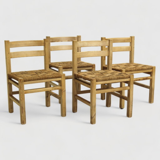 4x Vintage houten, gevlochten eetkamerstoelen