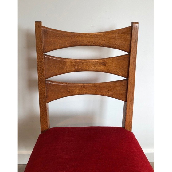 Image 1 of Set van 6 vintage stoelen in eikenhout en rood fluweel, Frankrijk jaren 1940