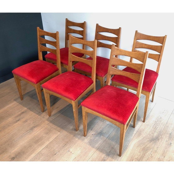 Image 1 of Set van 6 vintage stoelen in eikenhout en rood fluweel, Frankrijk jaren 1940