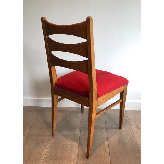 Image 1 of Set van 6 vintage stoelen in eikenhout en rood fluweel, Frankrijk jaren 1940