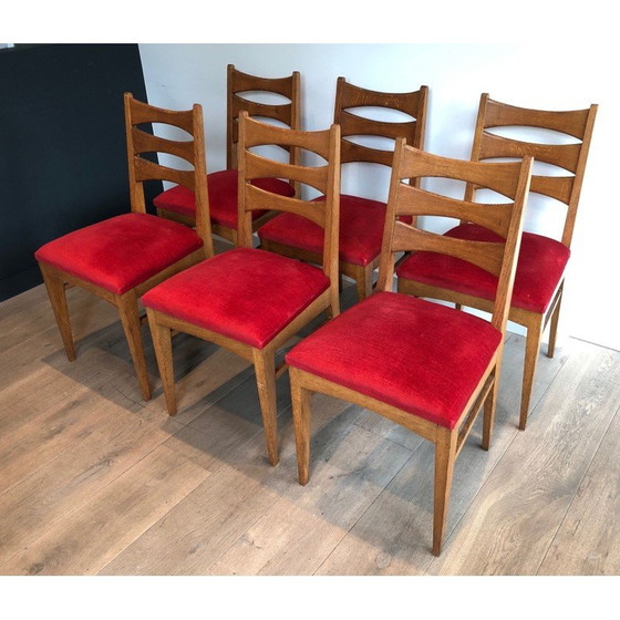 Image 1 of Set van 6 vintage stoelen in eikenhout en rood fluweel, Frankrijk jaren 1940