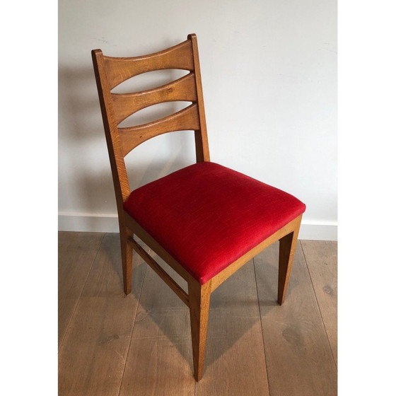 Image 1 of Set van 6 vintage stoelen in eikenhout en rood fluweel, Frankrijk jaren 1940