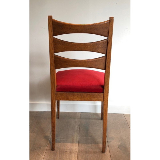 Image 1 of Set van 6 vintage stoelen in eikenhout en rood fluweel, Frankrijk jaren 1940