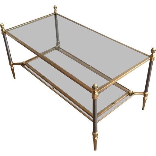 Vintage geborsteld stalen en messing salontafel voor La Maison Jansen, Frankrijk 1940