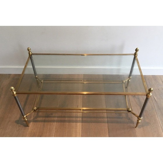 Image 1 of Vintage geborsteld stalen en messing salontafel voor La Maison Jansen, Frankrijk 1940