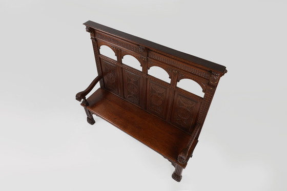 Image 1 of Antieke Franse 18e Eeuwse Gotische Stijl Eiken Gesneden Hoge Paneel Settle