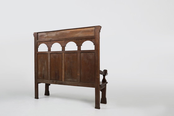 Image 1 of Antieke Franse 18e Eeuwse Gotische Stijl Eiken Gesneden Hoge Paneel Settle