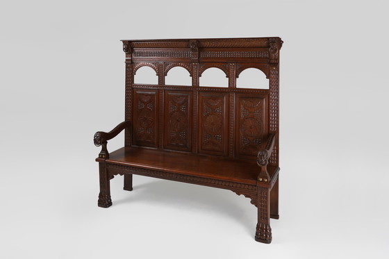 Image 1 of Antieke Franse 18e Eeuwse Gotische Stijl Eiken Gesneden Hoge Paneel Settle