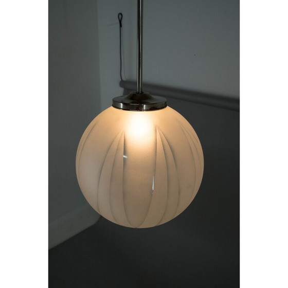Image 1 of Vintage Art Deco hanglamp van glas en nikkel, jaren 1930