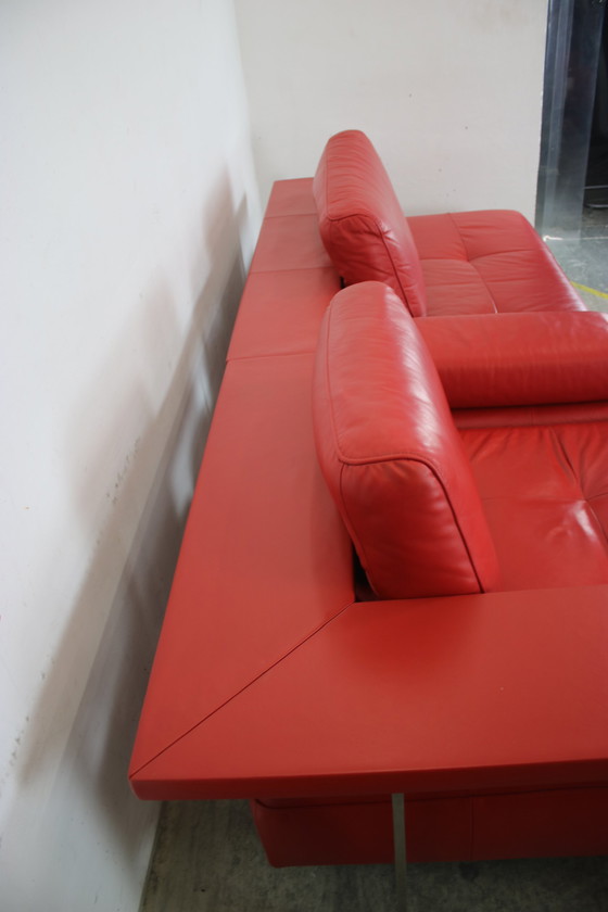 Image 1 of Rolf Benz Dono hoekbank echt leer rood uitschuifbare relaxfauteuil designer