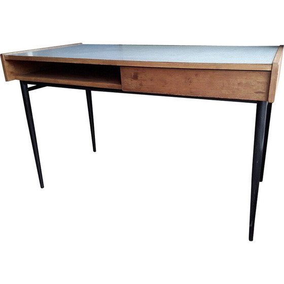 Image 1 of Vintage blond mahonie bureau met zwart metalen poten van Pierre Guariche, 1955