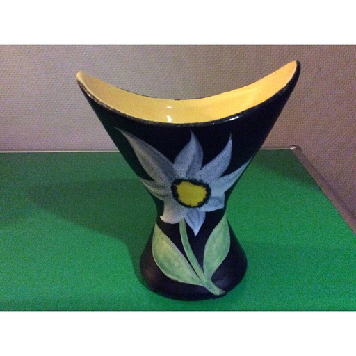 Vintage zwarte bloemenvaas van Gabriel fourmaintraux, jaren 1960