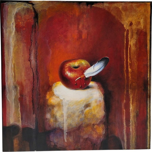 Vintage schilderij "Hornacina Roja" van Javier Rodriguez voorstellende een rode manzana gekruist door een witte pluim
