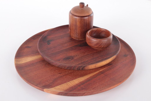 Vintage Teakhouten onderbord met zout- en peperstel en onderbord met lepel