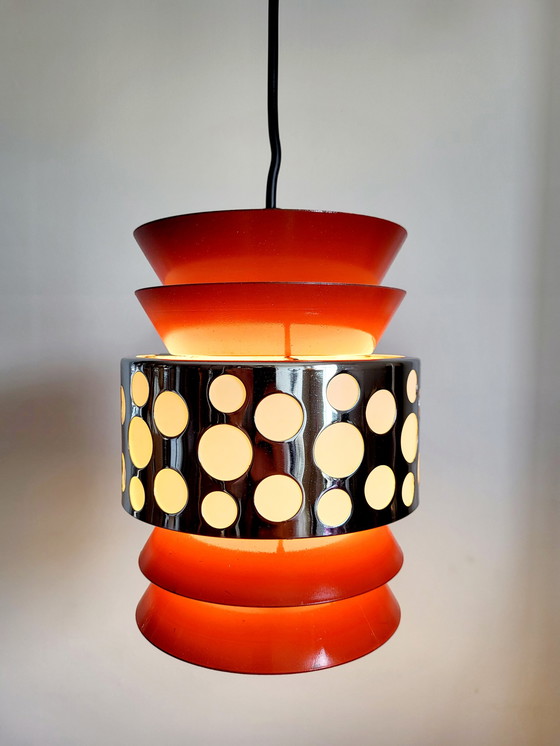 Image 1 of Space age hanglamp, oranje metaal, chromé, Massive, België, jaren 1960-1970