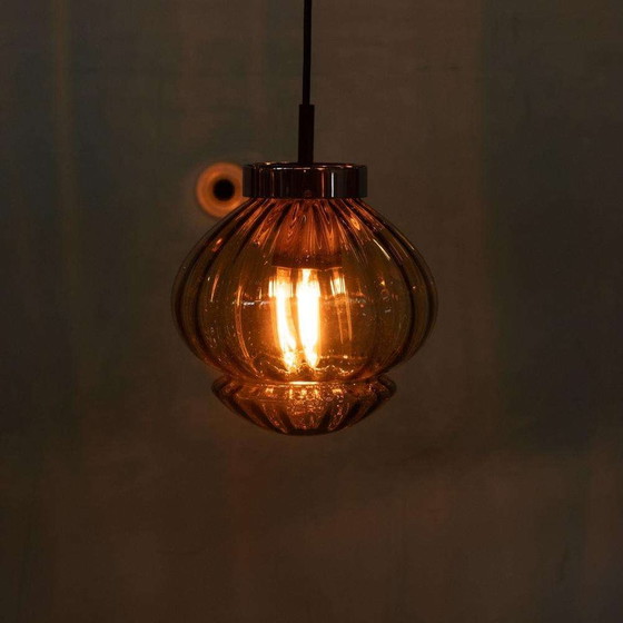 Image 1 of Vintage amber glazen hanglamp Raak Amsterdam, space age yellow glas