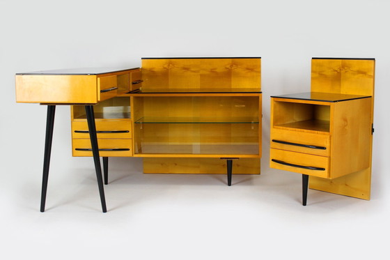 Image 1 of Modulaire bureauset met zwart glazen blad door Mojmir Pozar, 1960S, set van 3