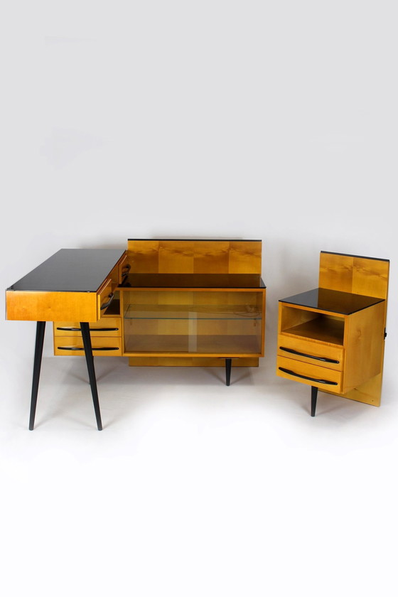 Image 1 of Modulaire bureauset met zwart glazen blad door Mojmir Pozar, 1960S, set van 3