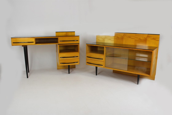 Image 1 of Modulaire bureauset met zwart glazen blad door Mojmir Pozar, 1960S, set van 3