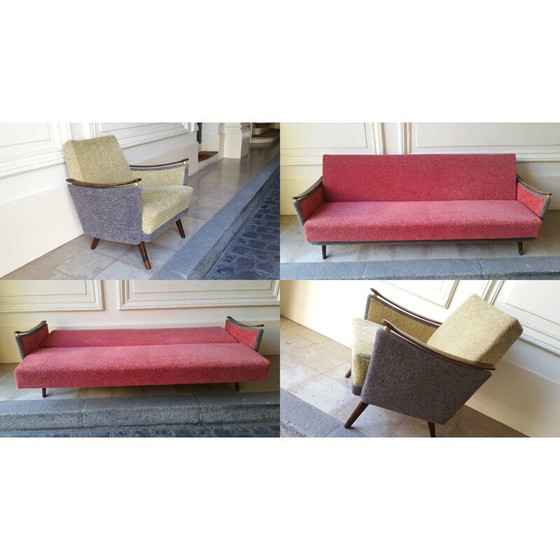 Image 1 of Vintage fauteuil in hout en stof, 1950