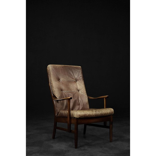 Vintage Deense beukenhouten en bruin leren fauteuil van Farstrup Møbler, 1970