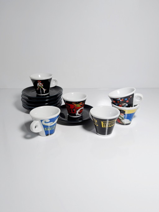 6X Pirelli Limited Edition Espressokopjes Set 80s 90s Clown Harlekijn Pierrot Espressokopjes Italië