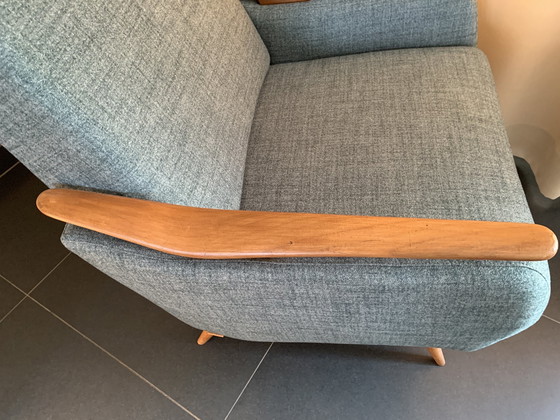 Image 1 of Volledig Opnieuw Gestoffeerde Mid Century Fauteuil In Grijs Groene Stof En Hout