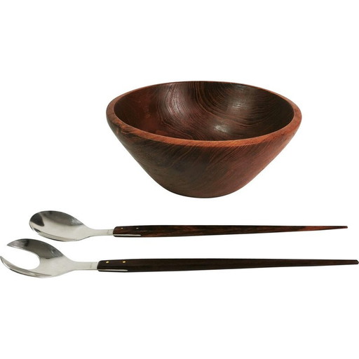 Vintage teakhouten kom met metalen en palissanderhouten salade lepels, Denemarken 1960