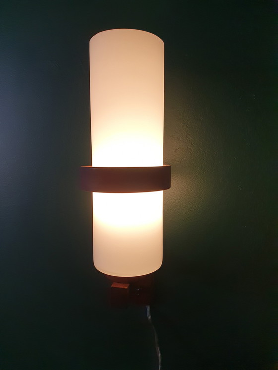 Image 1 of Xl Scandinavisch Design Wandlamp Mid-Century Lamp, Teak/Glas