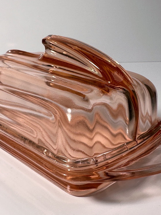 Image 1 of Vintage botervloot bonbonnière roze rosalin glas art deco deksel Streamline