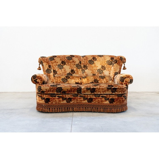 Image 1 of Vintage 3-zitsbank in hout en chenille stof met paar fauteuils, Italië 1970