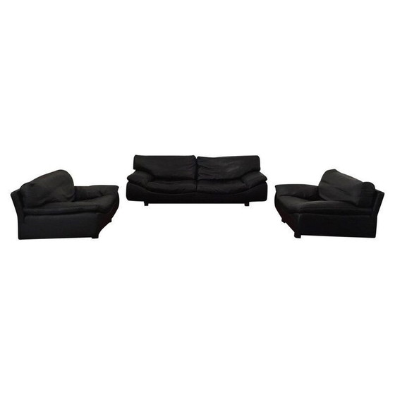 Image 1 of Vintage Sofa en 2 lounge stoelen, woonkamer set Roche Bobois, zwart leer